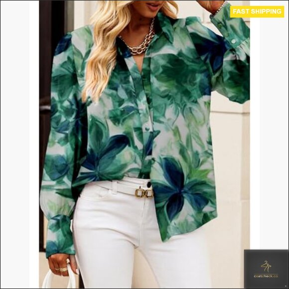 Long Sleeve V-Neck Button Down Blouse, Boho Print, Relaxed Fit, Dressy Casual - Picture 6 of 7